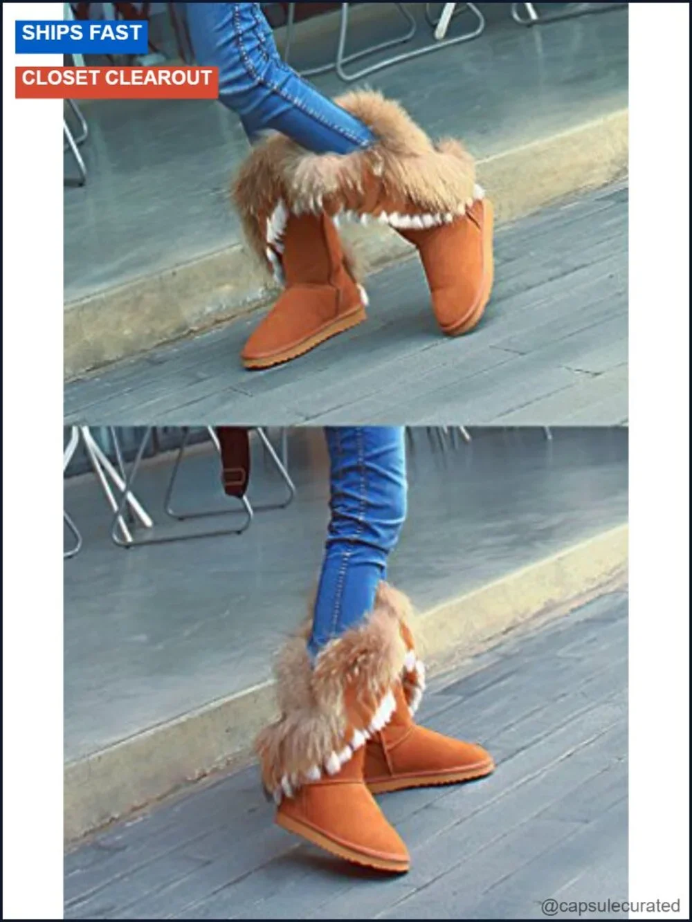 Mid Calf Boots Cow Leather Faux Fur Trim Pull-On Winter